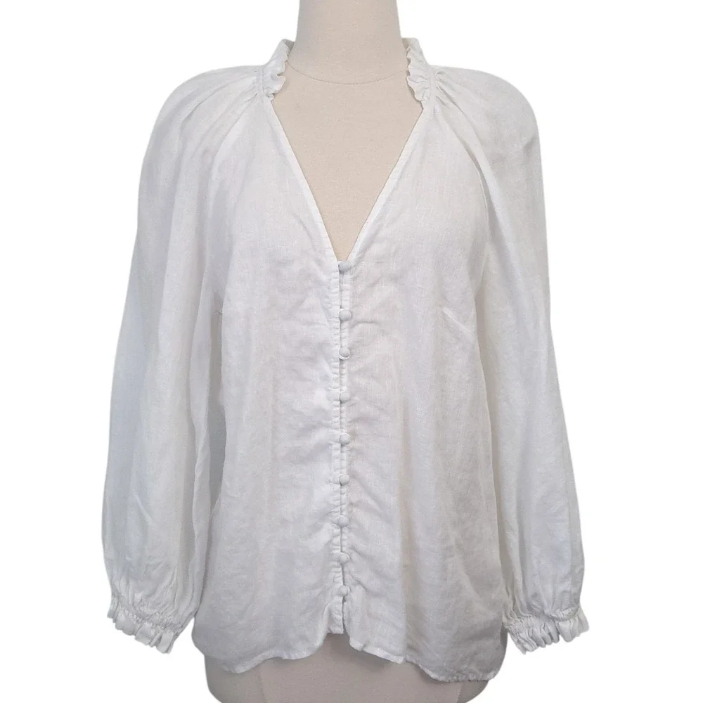 Anthropologie Maeve White Linen Audie Ruffle Puff Long Sleeve Peasant Top- Small